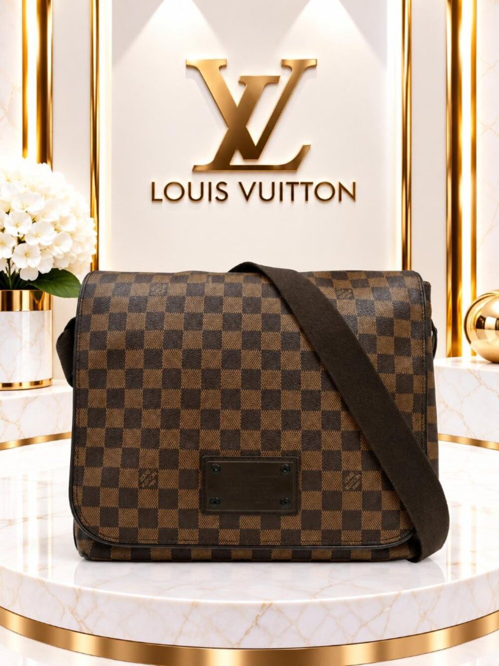 Authentic Louis Vuitton Brooklyn MM Damier Ebene Canvas Messenger Crossbody Bag